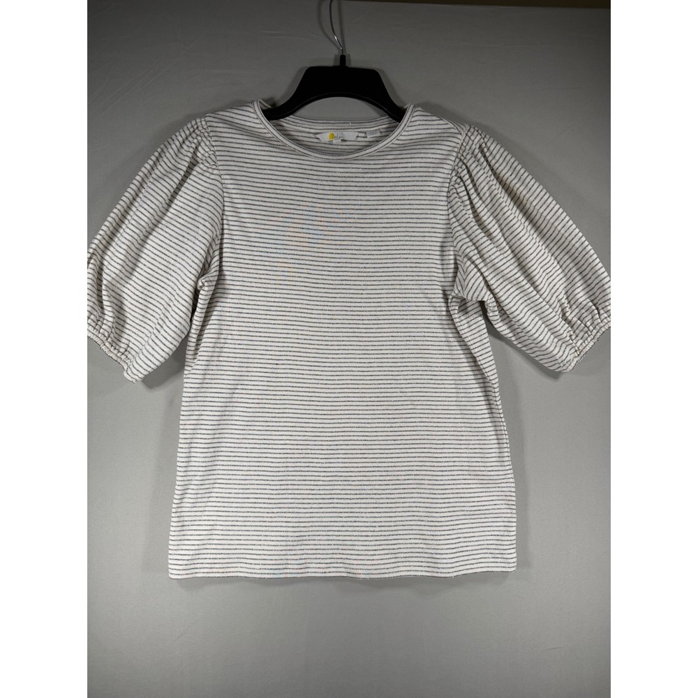 Boden Womens Metallic Striped Puff Sleeve Top Cream Silver Shimmer